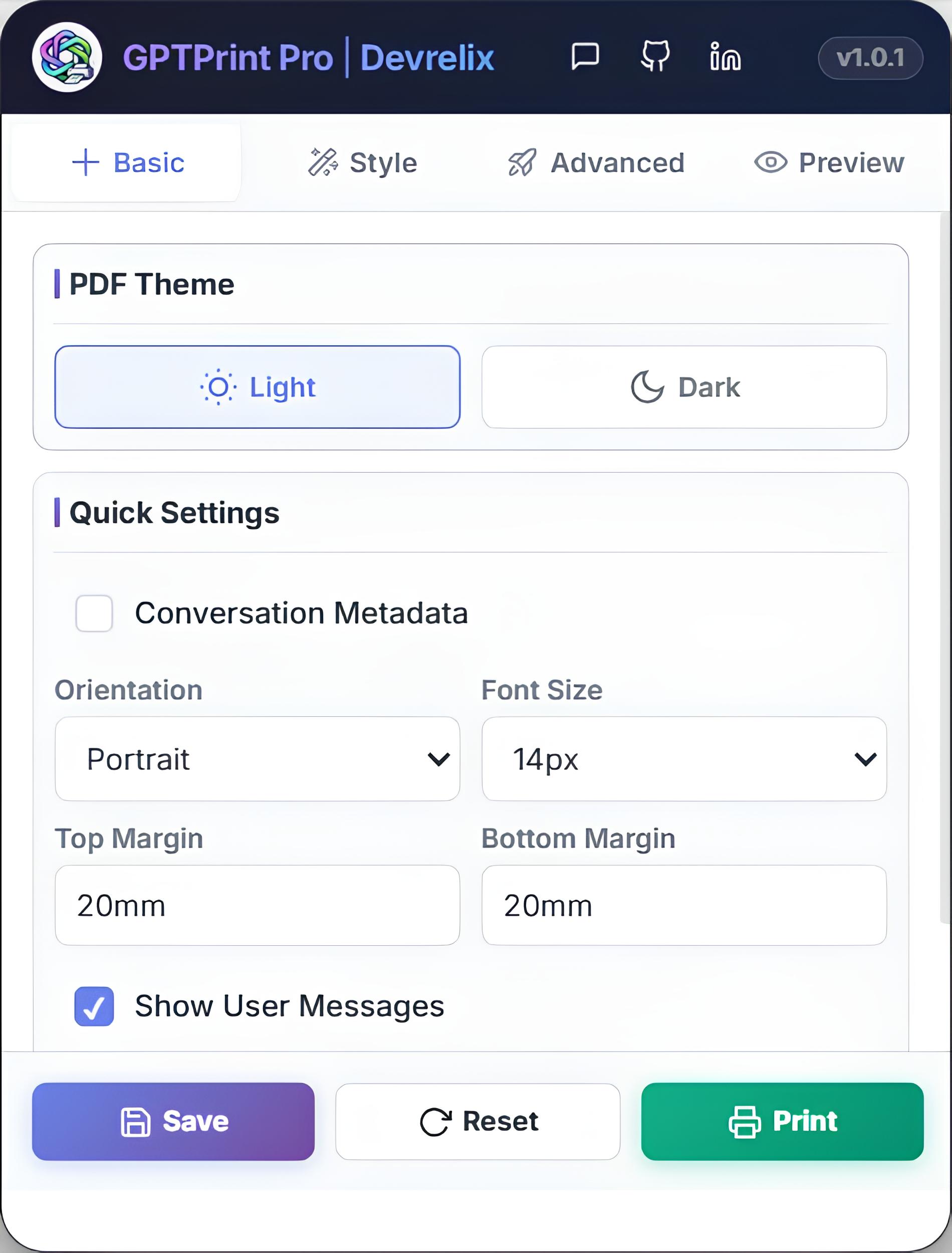 GPTPrint Pro extension — Basic tab