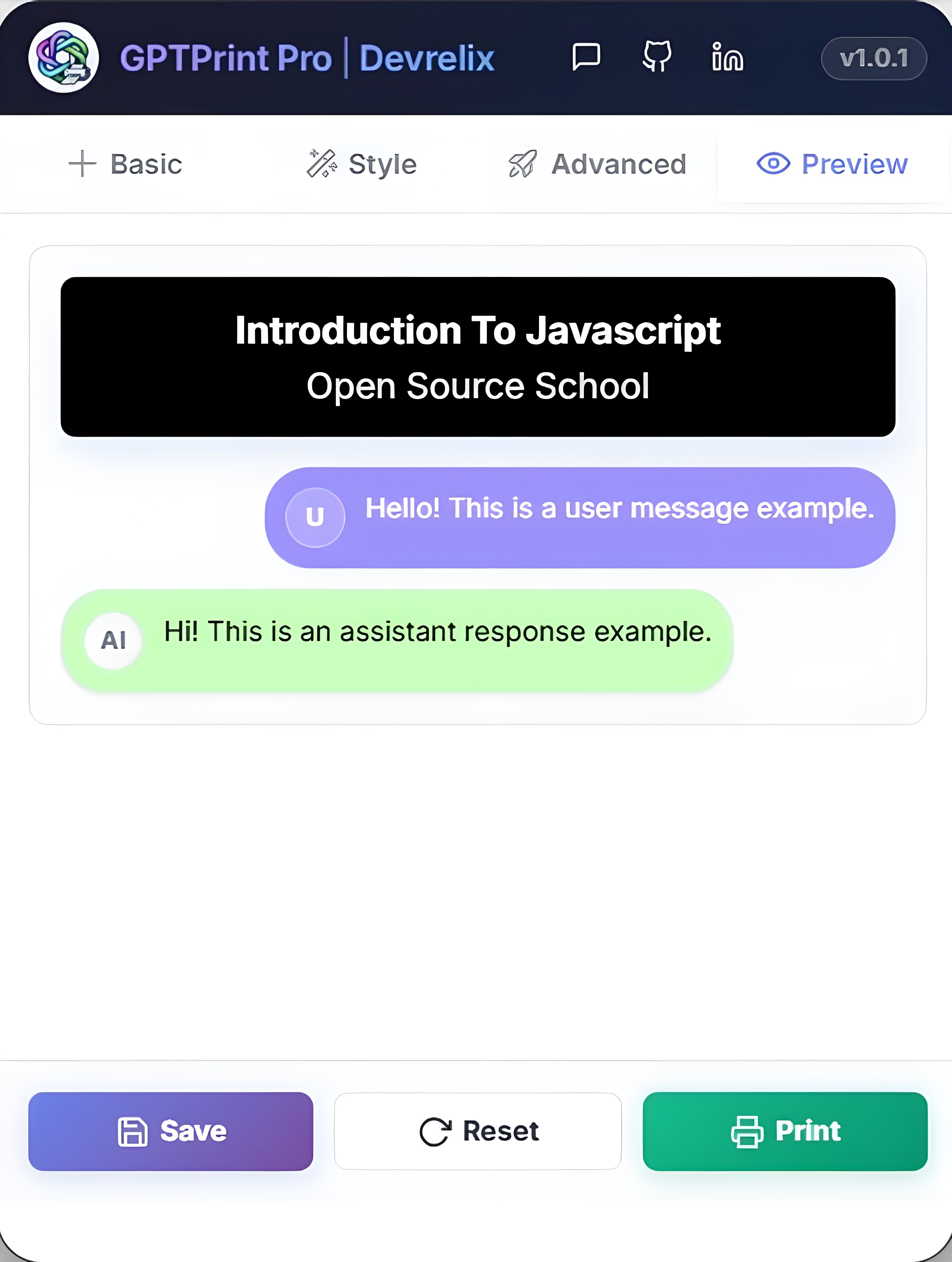 GPTPrint Pro preview panel showing a live ChatGPT PDF preview